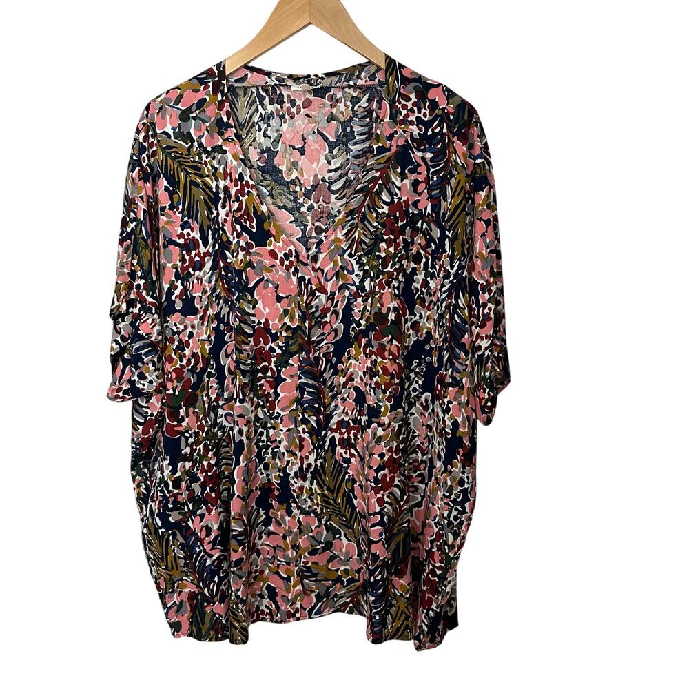 Jodifl Top Pullover Womens 1X V Neck Abstract Floral Short Sleeve 100% Rayon